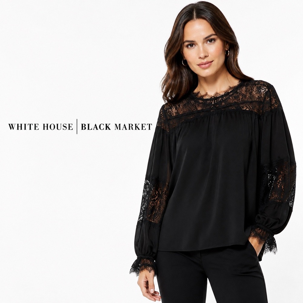 White House Black Market Black LS Lace Yoke Blouse 570300166